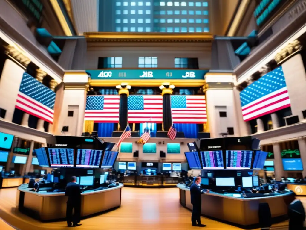 Un bullicioso NYSE con traders, pantallas electrónicas y arquitectura icónica