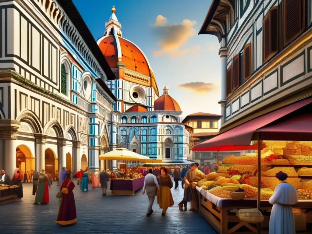 Un bullicioso paisaje renacentista en Florencia con arquitectura detallada, comerciantes y colores vibrantes, reflejando la influencia de los Medici, banqueros y líderes de Florencia