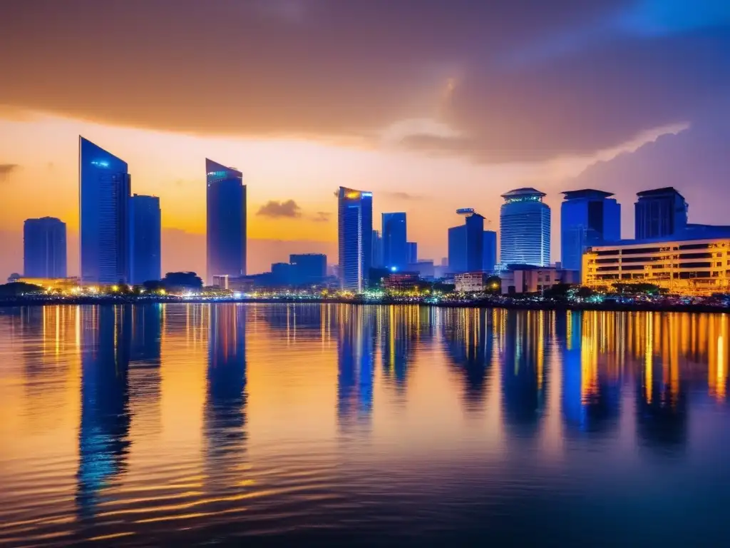 El bullicioso paisaje urbano al atardecer de Lagos, Nigeria, con modernos rascacielos iluminados reflejándose en las tranquilas aguas de la laguna