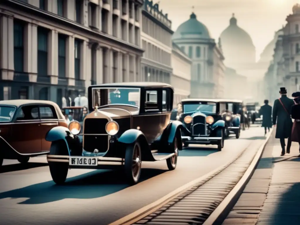 En el bullicioso paisaje urbano, un coche vintage de la era del motor de combustión de Gottlieb Daimler destaca entre la modernidad, simbolizando su impacto duradero en el mundo contemporáneo