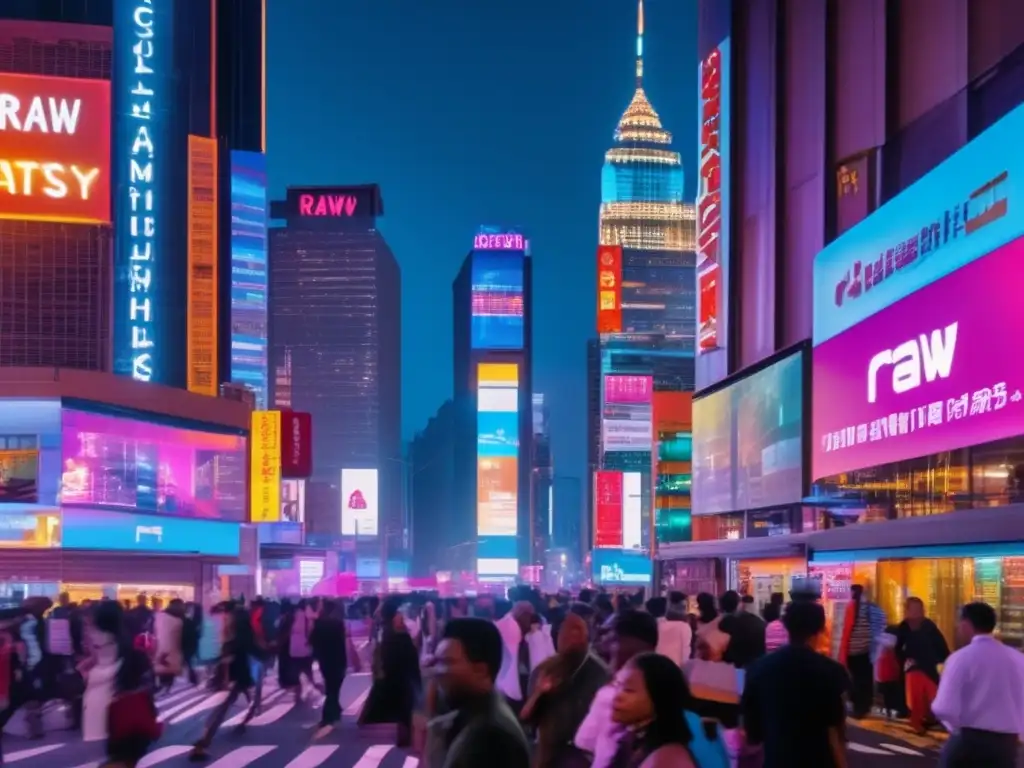 Un bullicioso paisaje urbano nocturno, iluminado por letreros de neón y repleto de personas de diversas culturas