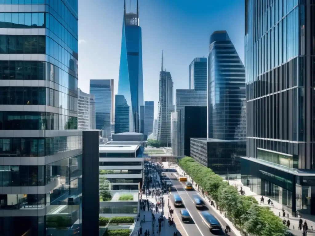 Un bullicioso paisaje urbano con rascacielos modernos y profesionales navegando la ciudad, reflejando la Enfermedad de los Costos en servicios