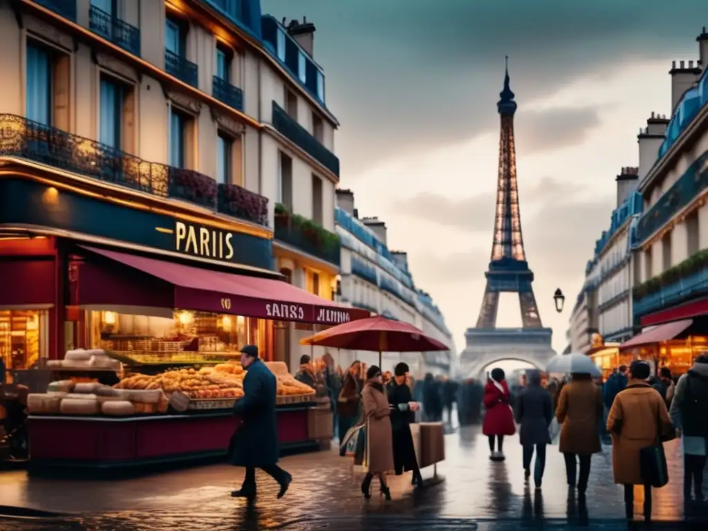 Un bullicioso paisaje urbano en París con la Torre Eiffel de fondo, reflejando la mezcla de arquitectura antigua y moderna