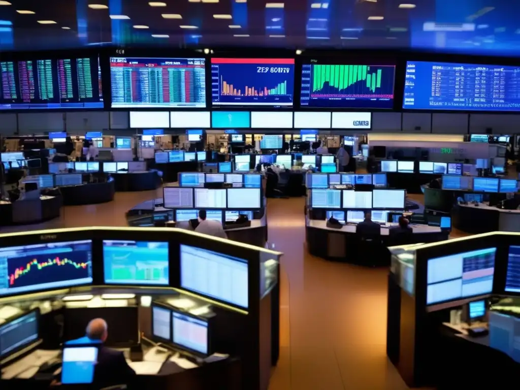 Un bullicioso piso de operaciones de bolsa, con trajes elegantes y múltiples pantallas que muestran datos de mercado en tiempo real