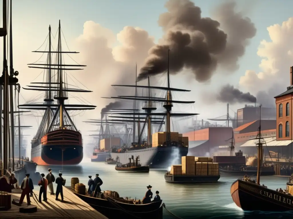 Un bullicioso puerto del siglo XIX con trabajadores cargando barcos, detallado y vibrante