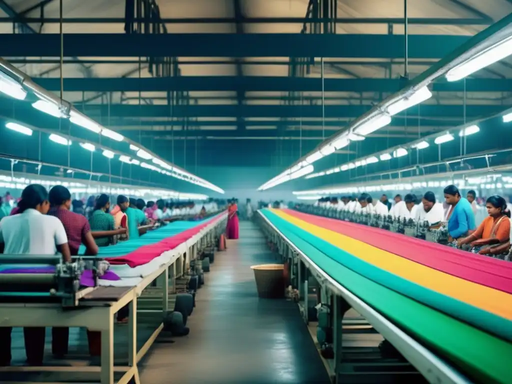 Un bullicioso resurgimiento de la industria textil en Bangladesh, con trabajadores operando maquinaria moderna y telas coloridas siendo producidas