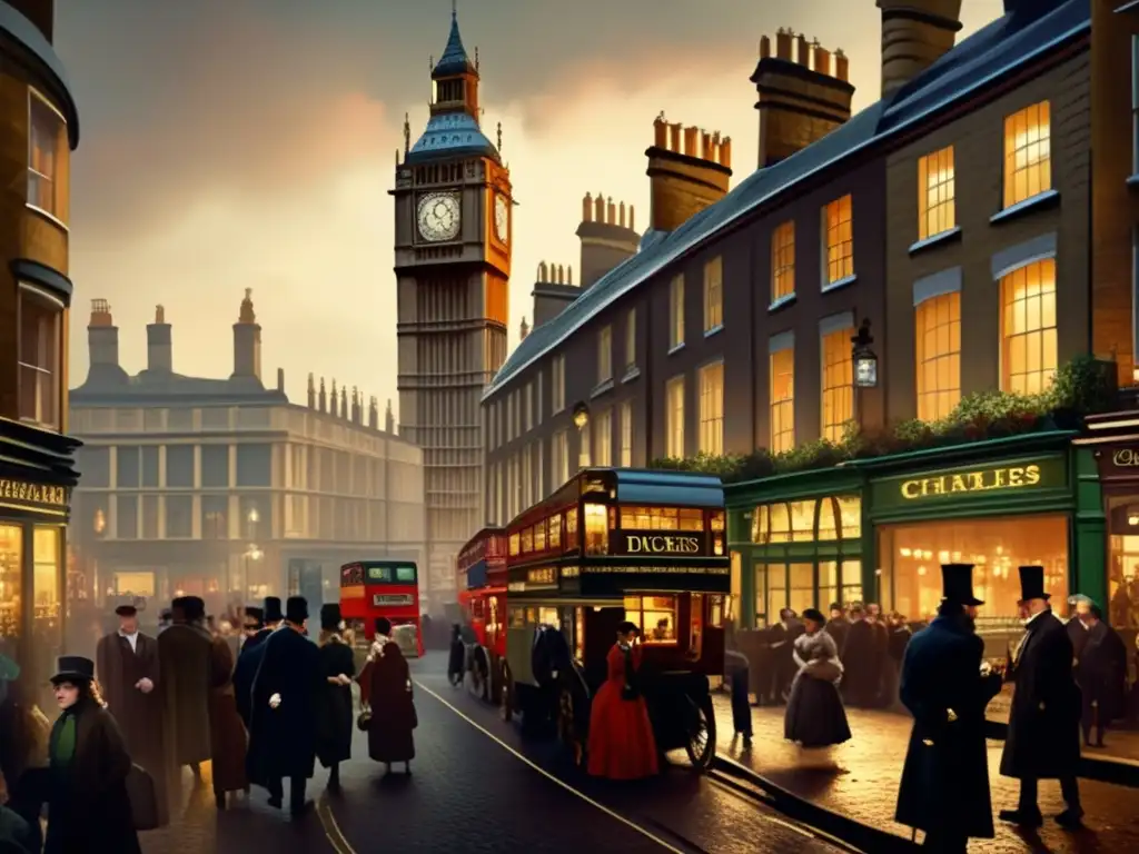 Un bullicioso retrato digital de una calle londinense del siglo XIX, capturando la esencia de la crítica social de Charles Dickens en su literatura
