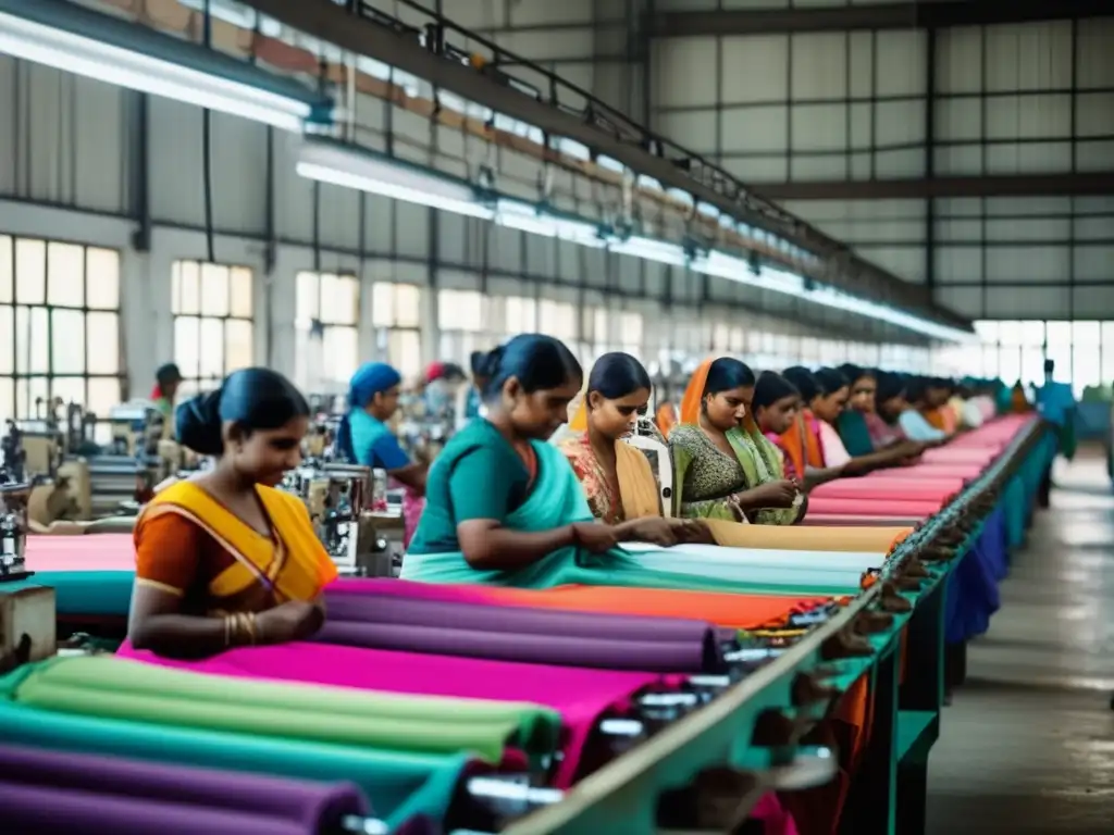 Un bullicioso taller textil en Bangladesh, con trabajadores operando maquinaria y telas coloridas