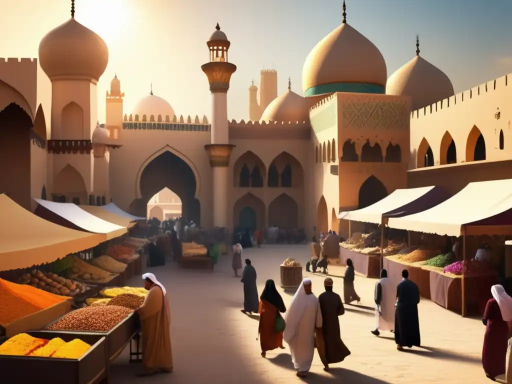 En un bullicioso zoco de una ciudad árabe medieval, se ven mercaderes regateando, sabios debatiendo y familias viviendo entre el caos vibrante