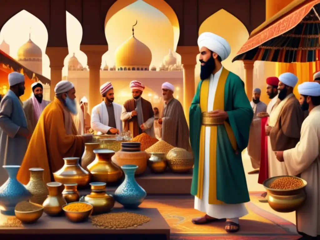 En un bullicioso zoco, Jabir Ibn Hayyan conversa con eruditos y comerciantes, rodeado de instrumentos alquímicos y vidrio