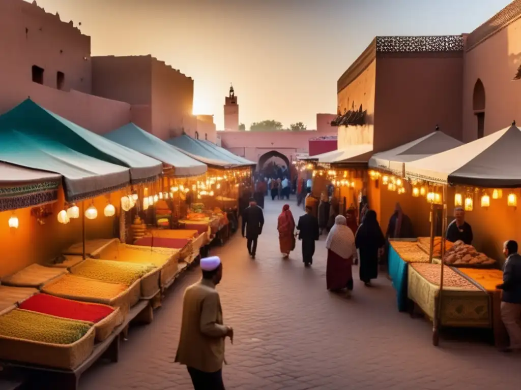 En el bullicioso zoco de Marrakech, Marruecos, la luz dorada ilumina textiles y alfombras