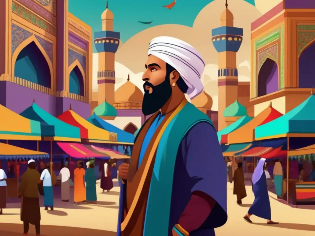 En el bullicioso zoco, Ibn Battuta, viajero incansable, irradia curiosidad y confianza, rodeado de colores vibrantes y detalles arquitectónicos
