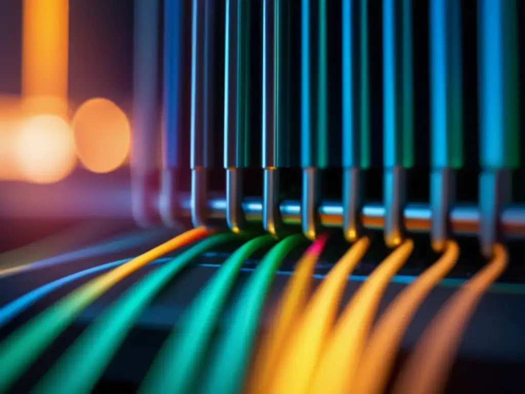 Un cable de fibra óptica serpentea en un centro de datos moderno y elegante, con colores vibrantes destacando sobre un fondo futurista