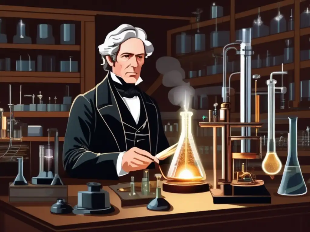 En la ilustración, Michael Faraday lleva a cabo experimentos pioneros en su laboratorio, rodeado de equipo electromagnético detallado