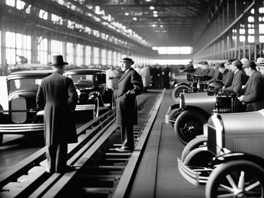 Henry Ford supervisa la cadena de montaje, mostrando la eficiencia de la producción automotriz