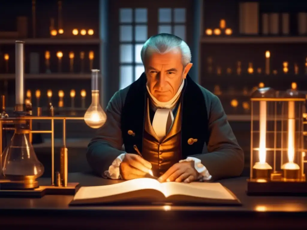En una cálida y dramática escena, Alessandro Volta examina su invención de la batería eléctrica en su laboratorio iluminado por velas