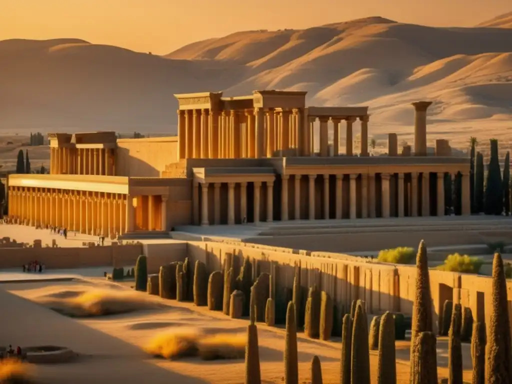 Desde la cálida luz del atardecer, la grandiosa Apadana Palace en Persepolis se alza majestuosa, con sus intrincados relieves y columnas imponentes