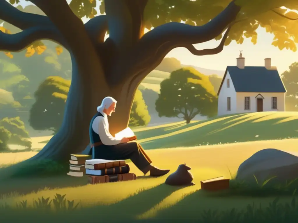 Bajo la cálida luz del amanecer, un joven John Wesley estudia bajo un árbol, rodeado de libros