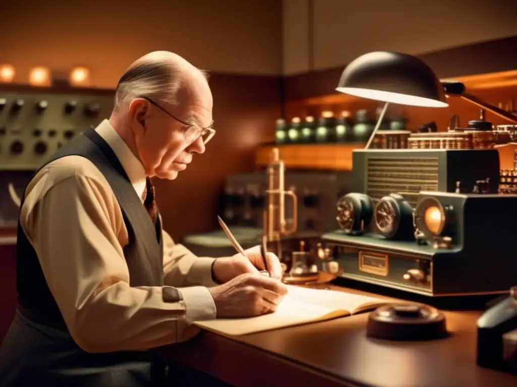 En la cálida luz de su laboratorio, Edwin Armstrong trabaja rodeado de equipos de radio vintage, tomando meticulosas notas