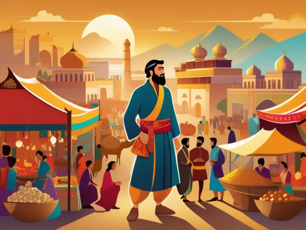 En la cálida luz del sol, Marco Polo observa el bullicio de la Ruta de la Seda, rodeado de mercados y viajeros diversos, capturando la esencia de la biografía de Marco Polo viajero veneciano