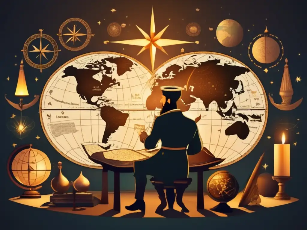 En la cálida luz de las velas, Gerardus Mercator crea un mapa mundial rodeado de herramientas de navegación