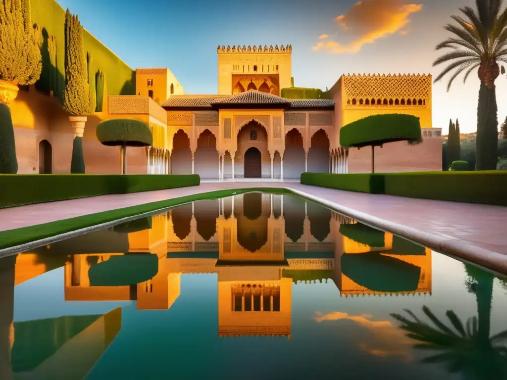 Majestuosa Alhambra al atardecer: 8k detalle vibrante Un cálido atardecer ilumina la Alhambra en Granada, España, resaltando sus intrincados diseños y reflejos en el agua