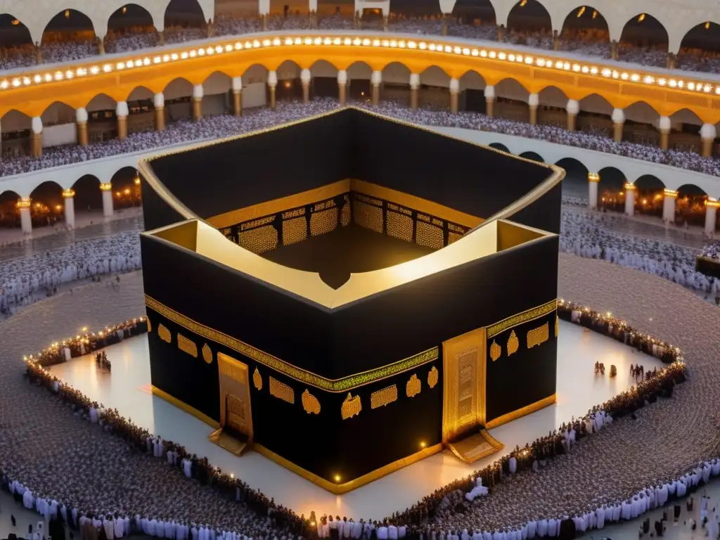 Apoteósico Tawaf al atardecer en la Kaaba de La Meca Un cálido atardecer ilumina la Kaaba en La Meca, rodeada de peregrinos realizando el Tawaf