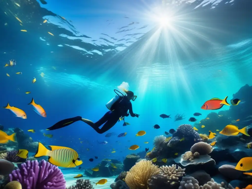 Bajo el cálido sol del océano, la activismo oceanógrafa Sylvia Earle observa un vibrante arrecife de coral lleno de vida marina colorida