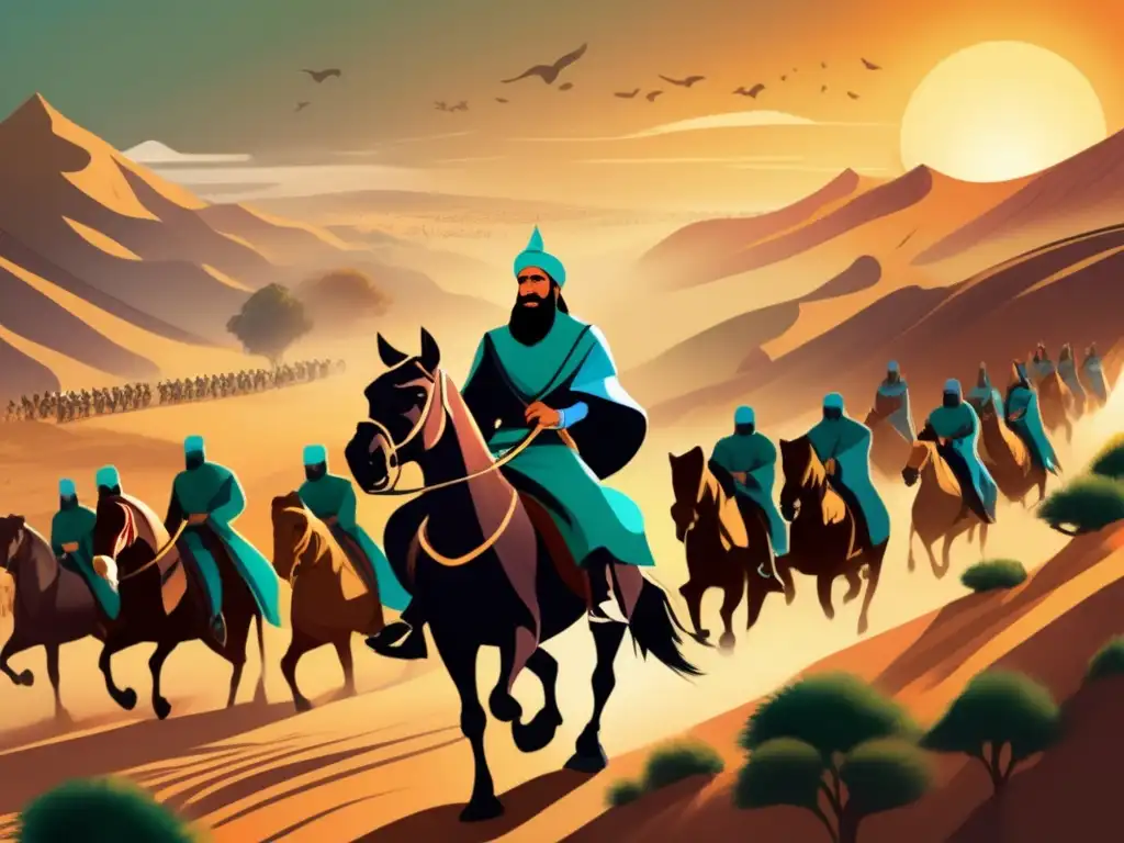 Califa Umar lidera una expansión del Islam, rodeado de valientes guerreros en una ilustración digital vibrante
