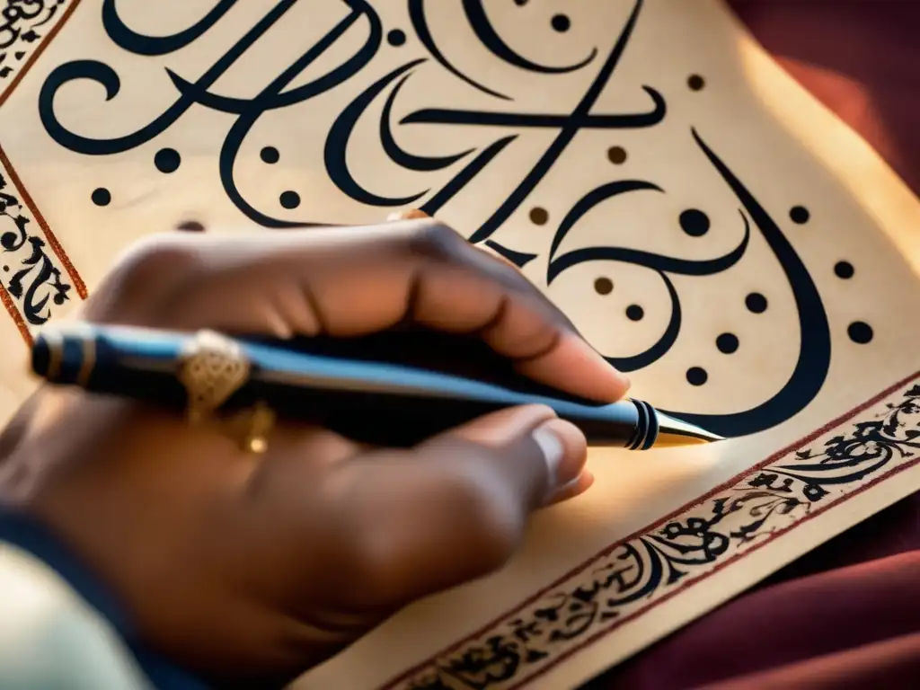 Un calígrafo islámico experto traza con precisión un verso árabe antiguo, mostrando la belleza de la caligrafía islámica