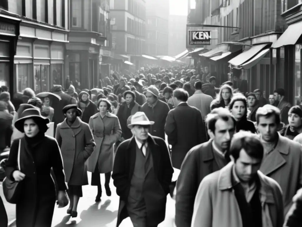 Una calle abarrotada en blanco y negro, reflejando la crítica social en películas de Ken Loach