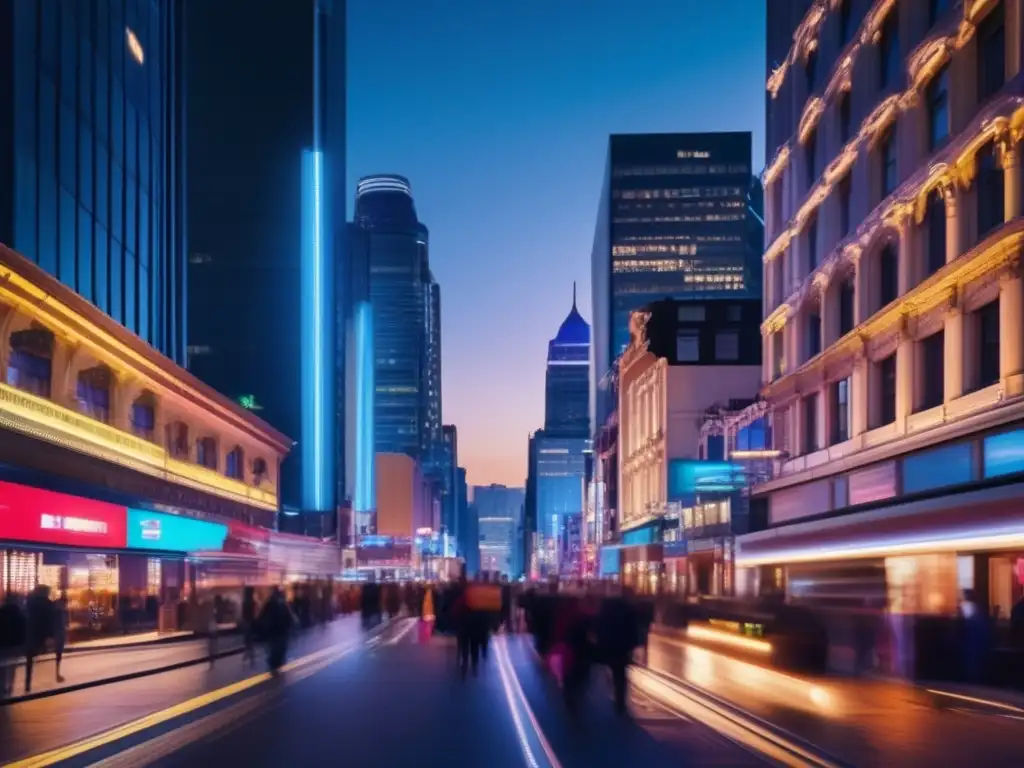 Una calle bulliciosa de la ciudad de noche, con luces de neón vibrantes iluminando el paisaje urbano