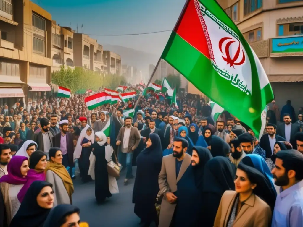 Una calle bulliciosa de Teherán durante la Revolución Islámica, con banderas y protestas, capturando la energía ferviente del evento histórico