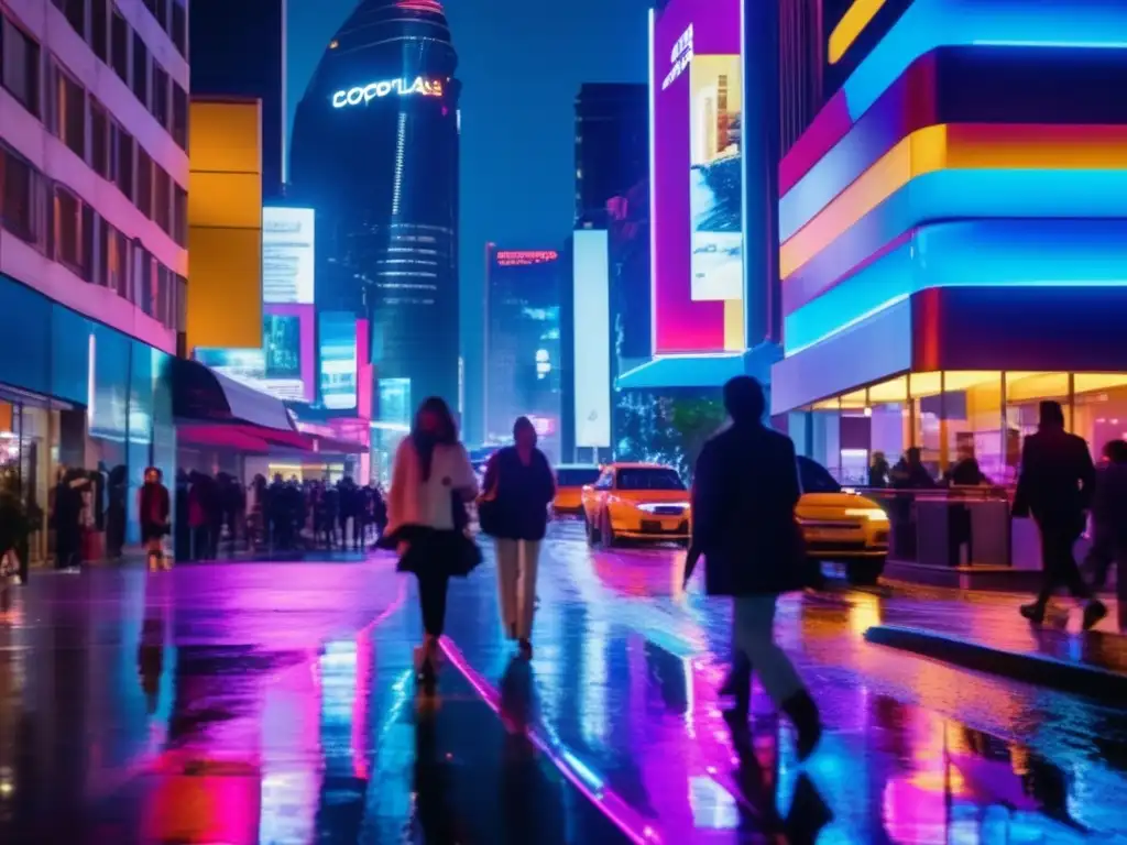 Una calle de la ciudad moderna, vibrante y bulliciosa de noche, con luces de neón reflejándose en el pavimento mojado