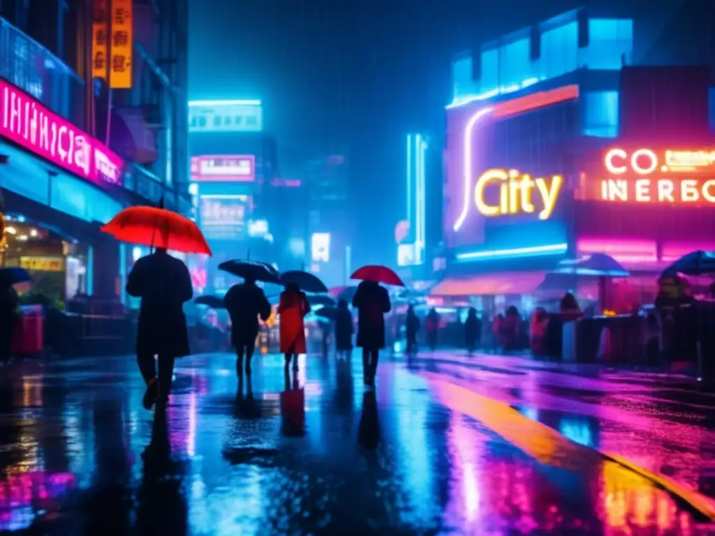 Una calle nocturna empapada de lluvia, iluminada por luces de neón y farolas