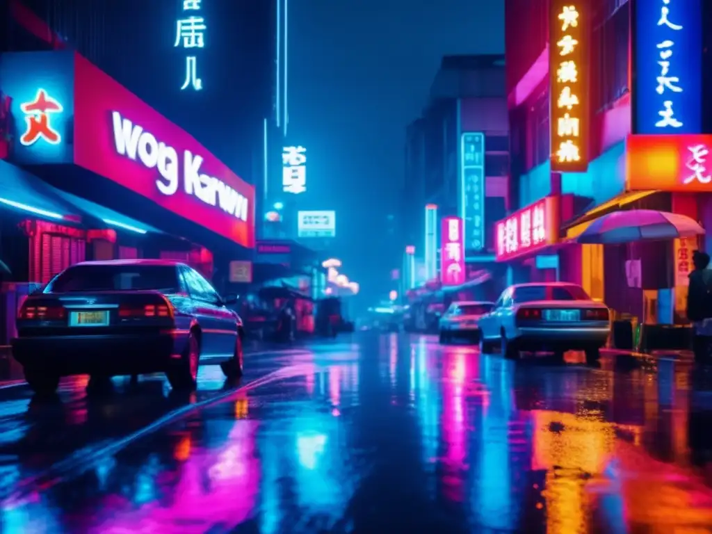 Una calle nocturna empapada por la lluvia, iluminada por neón, evocando la poesía visual cinematográfica de Wong KarWai