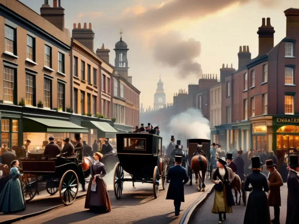 En una calle victoriana bulliciosa, el realismo social de la época de Charles Dickens cobra vida con detalles ricamente detallados y una iluminación nostálgica