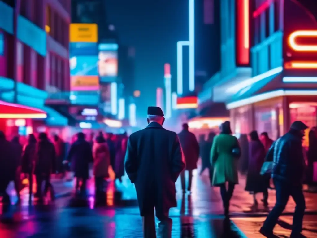 Un callejón caótico de la ciudad de noche, con luces de neón borrosas y multitudes bulliciosas