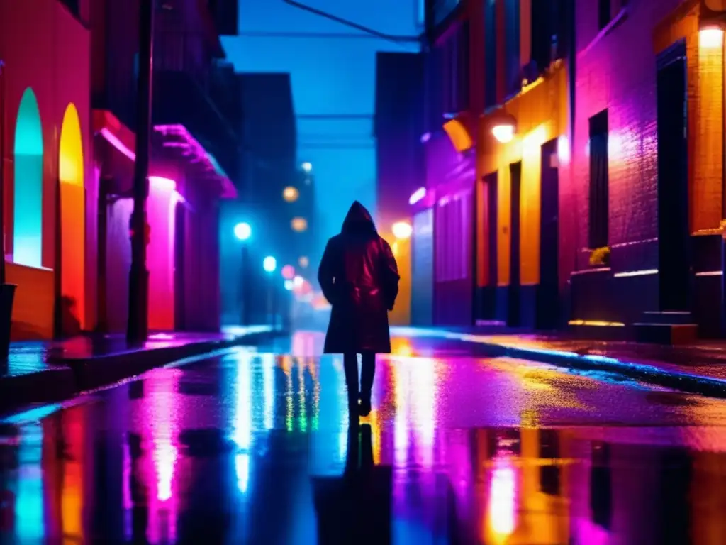 Un callejón nocturno lluvioso, con luces de neón reflejándose en el pavimento brillante, evoca la poesía visual del cine de Wong KarWai
