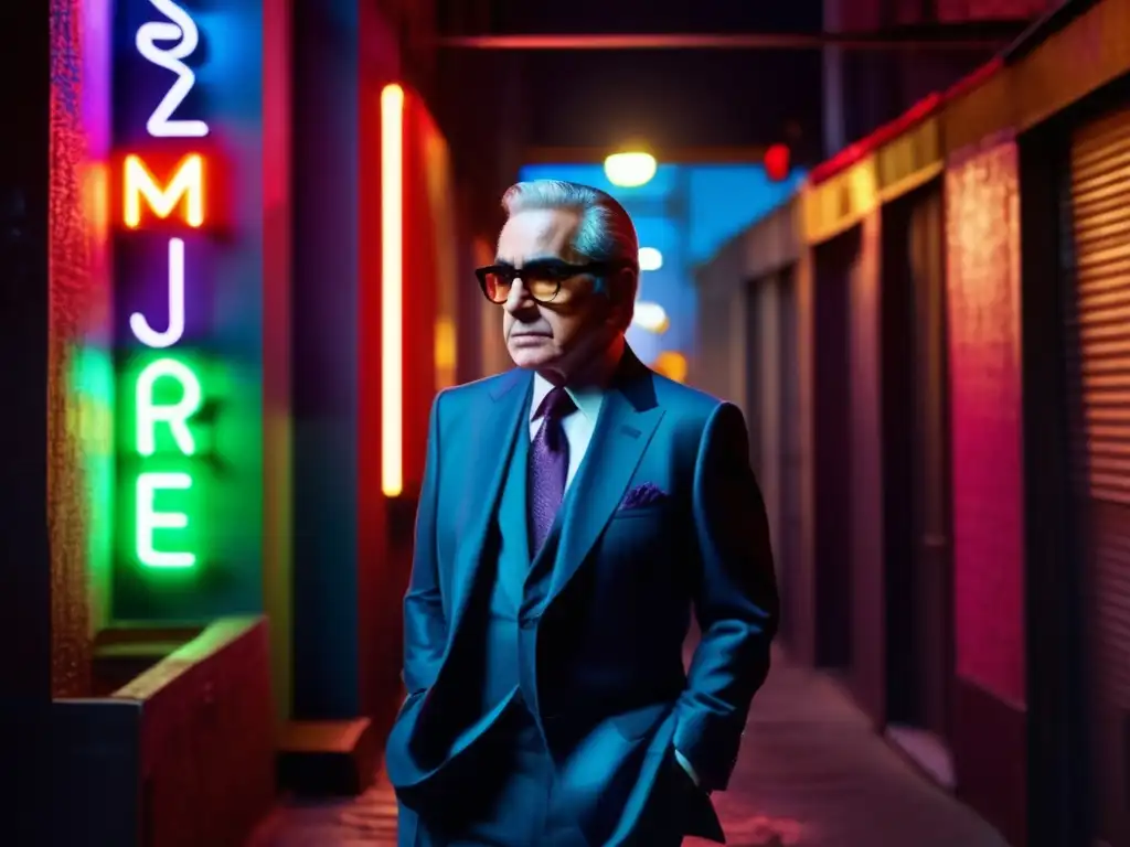 En una callejuela oscura, Martin Scorsese viste un elegante traje, evocando la atmósfera de sus filmes sobre la mafia