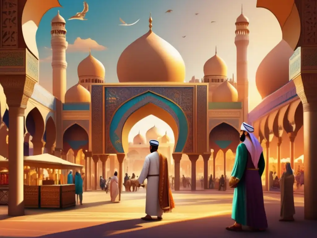 Ibn Battuta en las calles de una ciudad islámica, sosteniendo un mapa de sus viajes