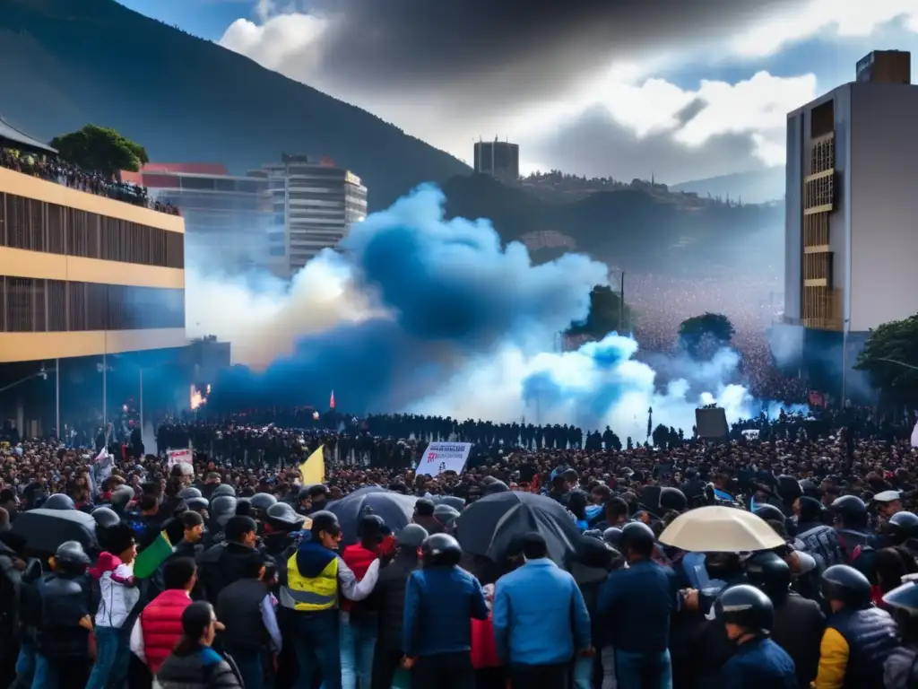 En las calles de Bogotá, Colombia, una escena de protesta caótica con gases lacrimógenos, pancartas y presencia policial