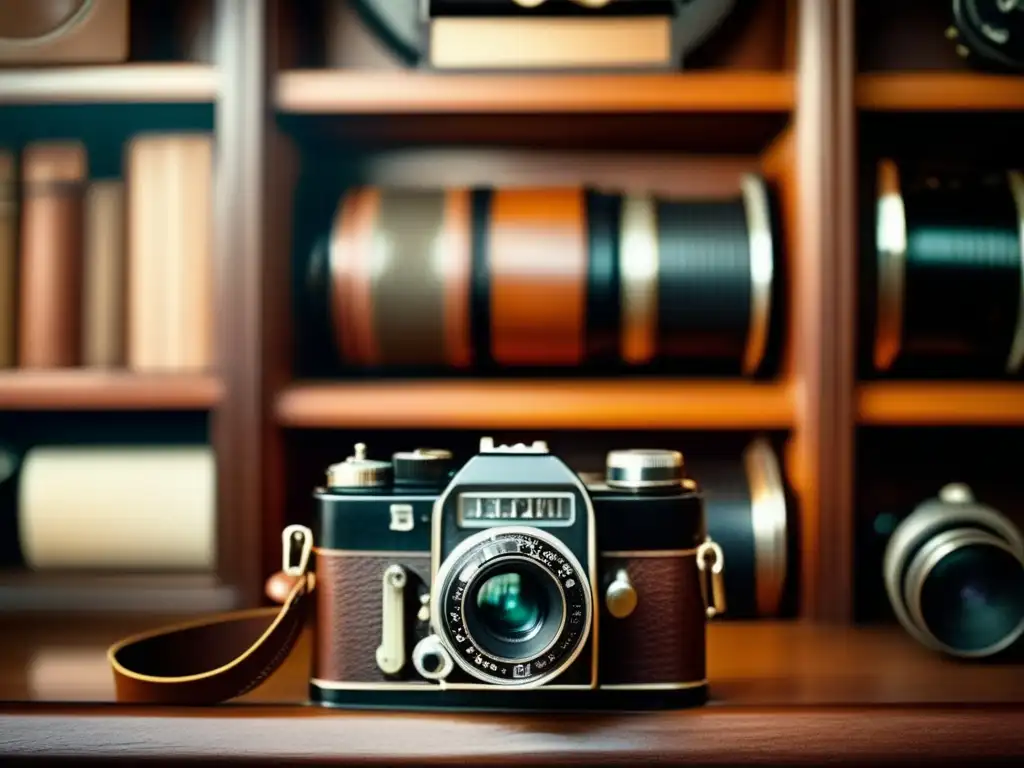 Una cámara de película vintage, detallada y desgastada, en un entorno nostálgico de estantes llenos de rollos de película clásica