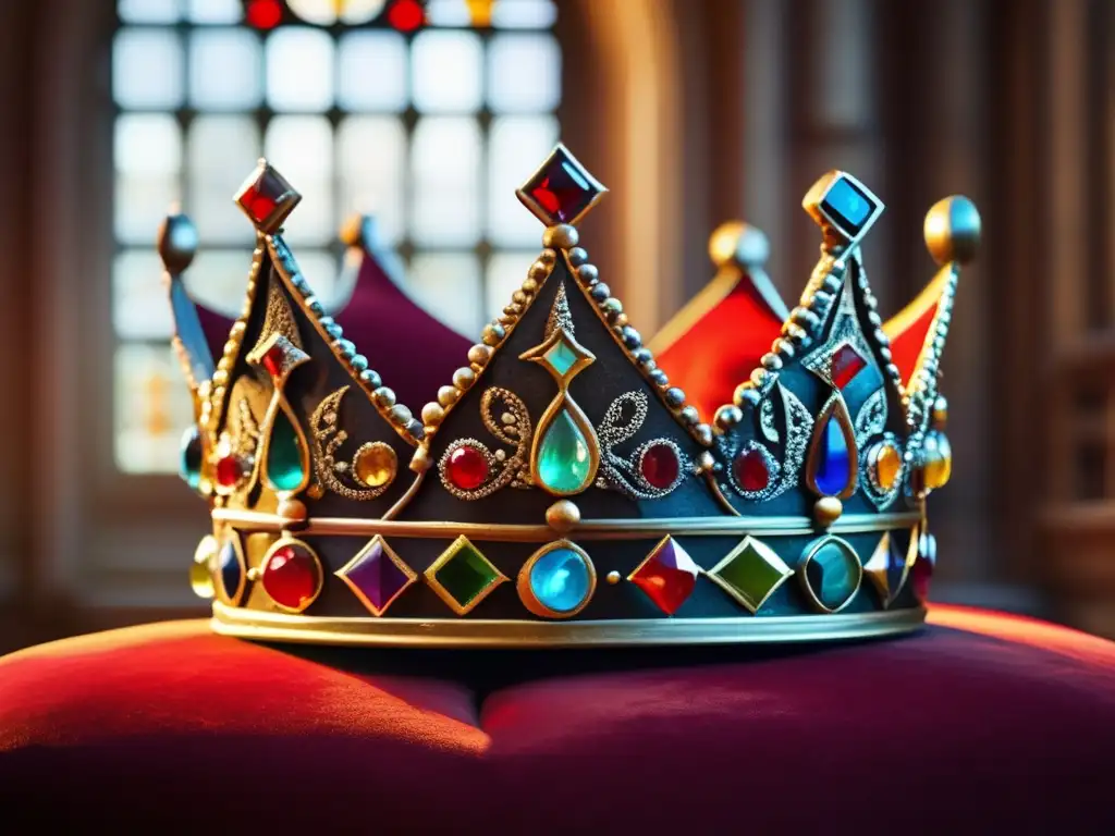 En una cámara de piedra, una detallada corona medieval descansa sobre un cojín de terciopelo escarlata, exudando poder y regalía