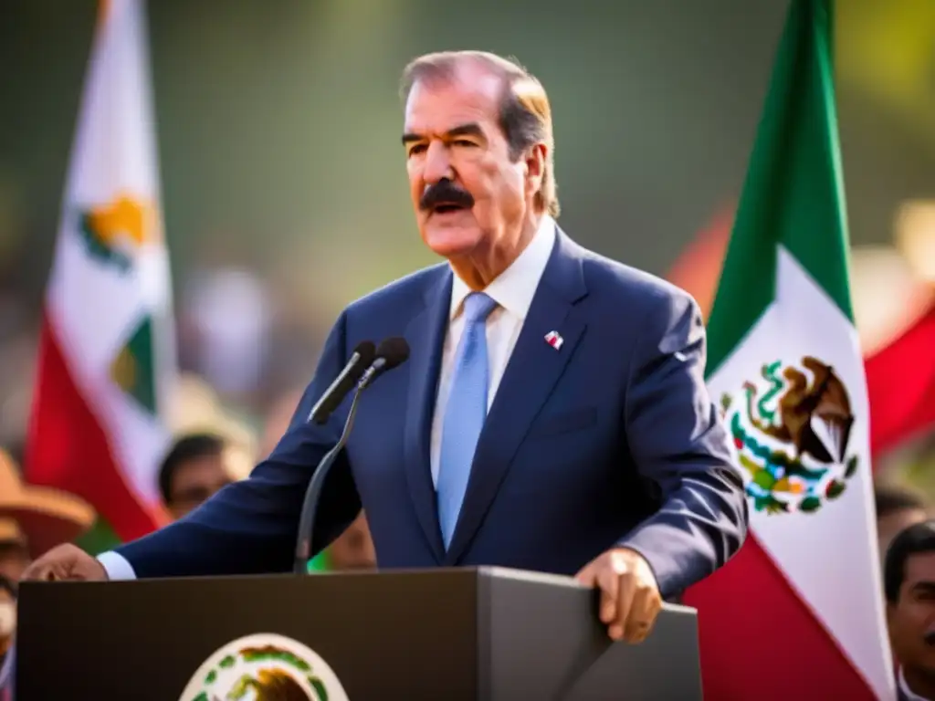 Vicente Fox lidera cambio democrático en México, con la bandera ondeando de fondo