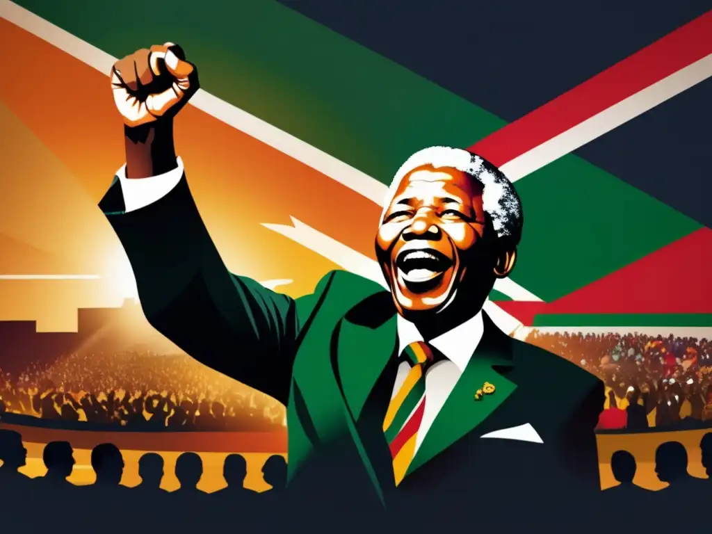 Nelson Mandela camino hacia libertad apartheid: Arte digital moderno de Mandela dando un discurso poderoso frente a una multitud diversa, con expresiones apasionadas y puños en alto que transmiten unidad y resistencia