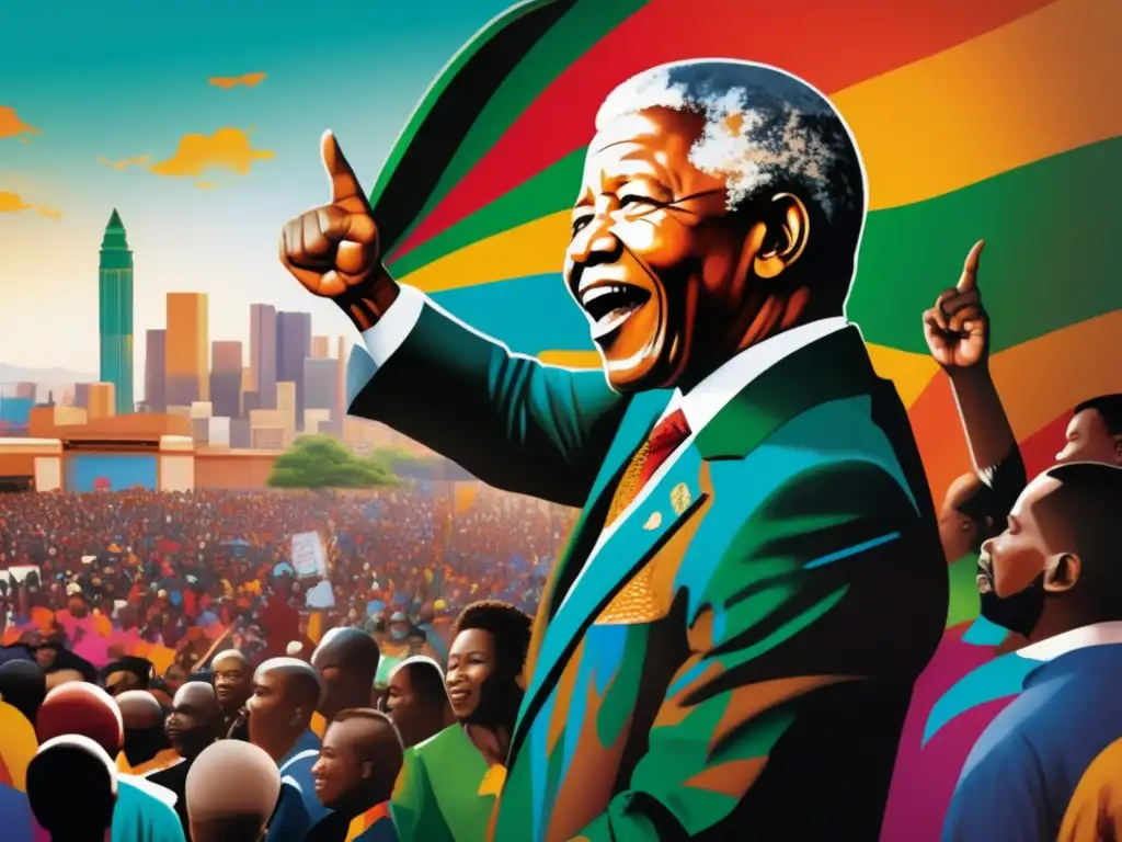 Nelson Mandela, camino hacia libertad y apartheid, entrega un discurso poderoso a una multitud diversa con el puño en alto