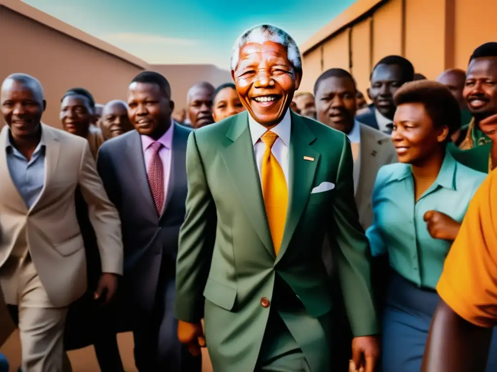 Nelson Mandela camino hacia libertad apartheid: Mandela sale de prisión, rodeado de seguidores y fotógrafos, con determinación y esperanza en sus ojos