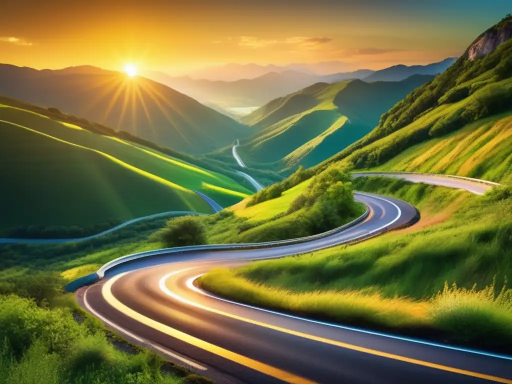 Un camino serpenteante atraviesa un exuberante paisaje montañoso, con el sol poniéndose en la distancia, creando un cálido resplandor dorado