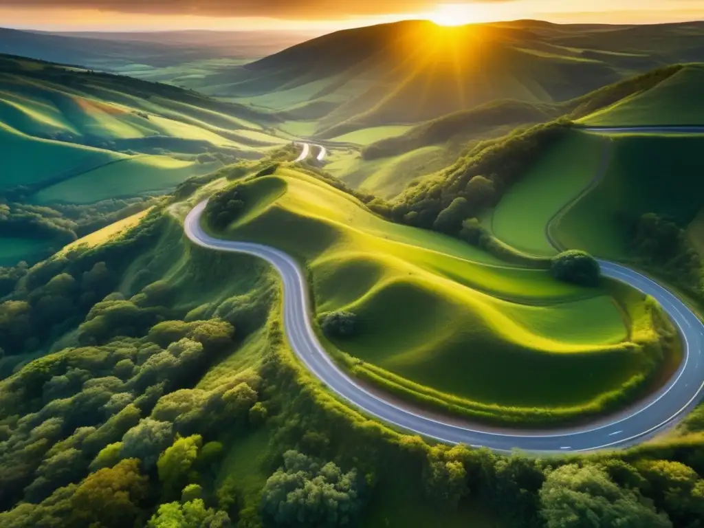 Un camino sinuoso se adentra en un valle verde, bañado por la cálida luz dorada del atardecer